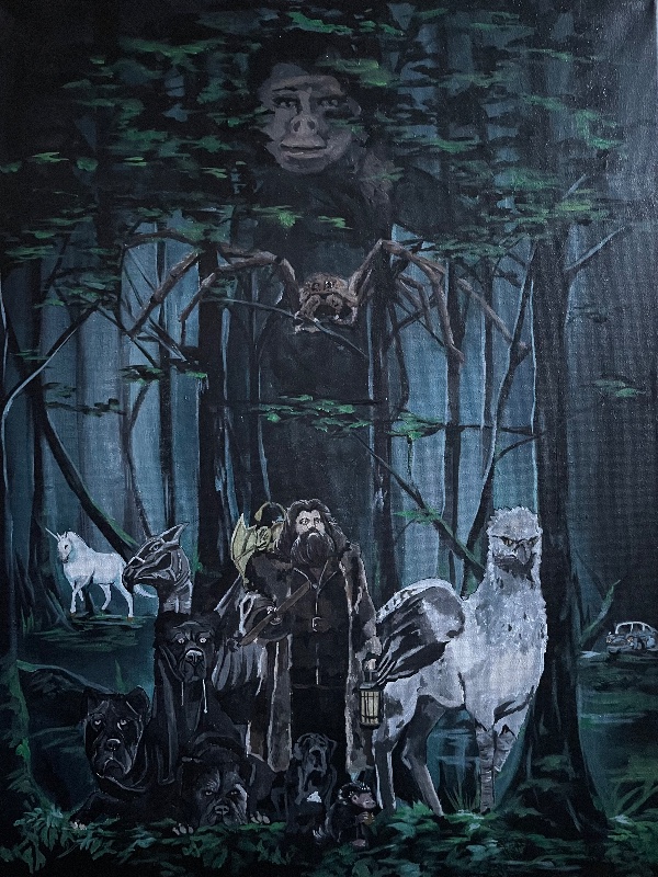 Acrylic painting of Hagrid holding a lantern among magical creatures in the dark Forbidden Forest, with his giant brother Grawp peering through the trees above., painting by Kayla Hixon