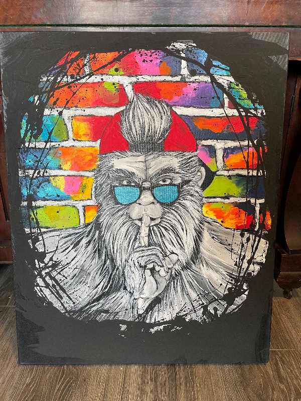 Bigfoot shhhhing with glasses and graffiti, painting by Kayla Hixon