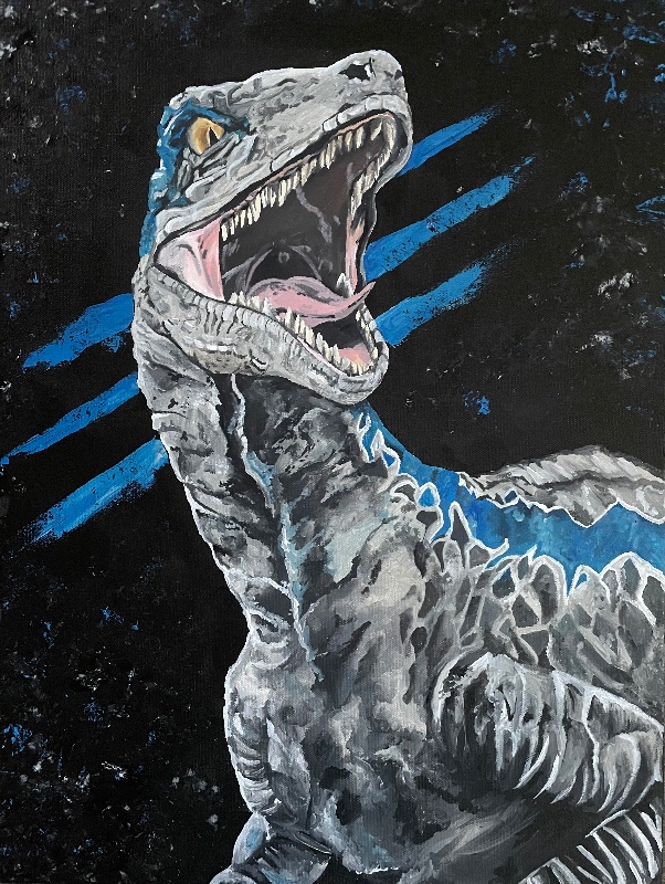 Painting of a gray velociraptor with blue markings and a golden eye, jaws open to reveal sharp teeth and a pink tongue, against a black background with blue slashes., painting by Kayla Hixon