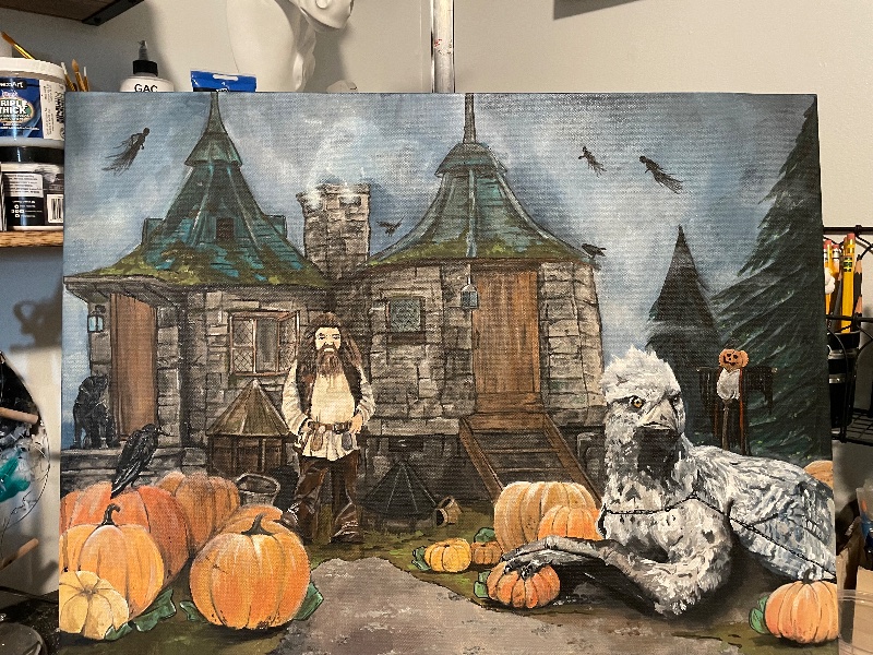 Acrylic painting of Hagrid outside his stone hut and Buckbeak resting among orange pumpkins, with dark evergreens and Dementors floating across a gray sky., painting by Kayla Hixon