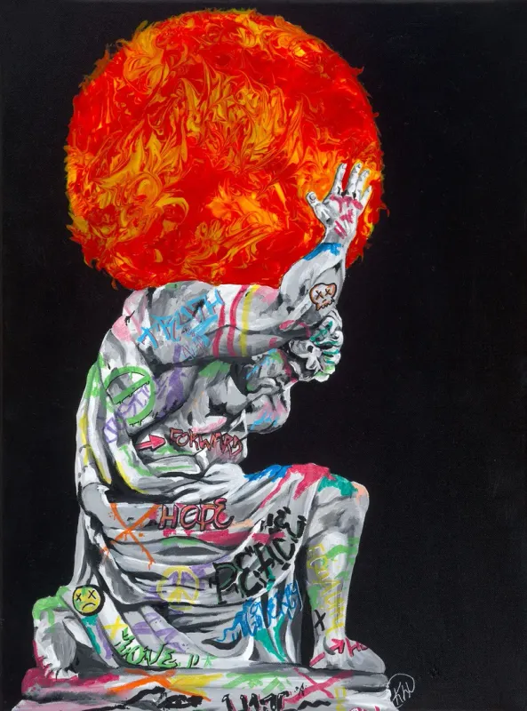 Graffiti-covered kneeling statue holding a fiery orange sun above its head