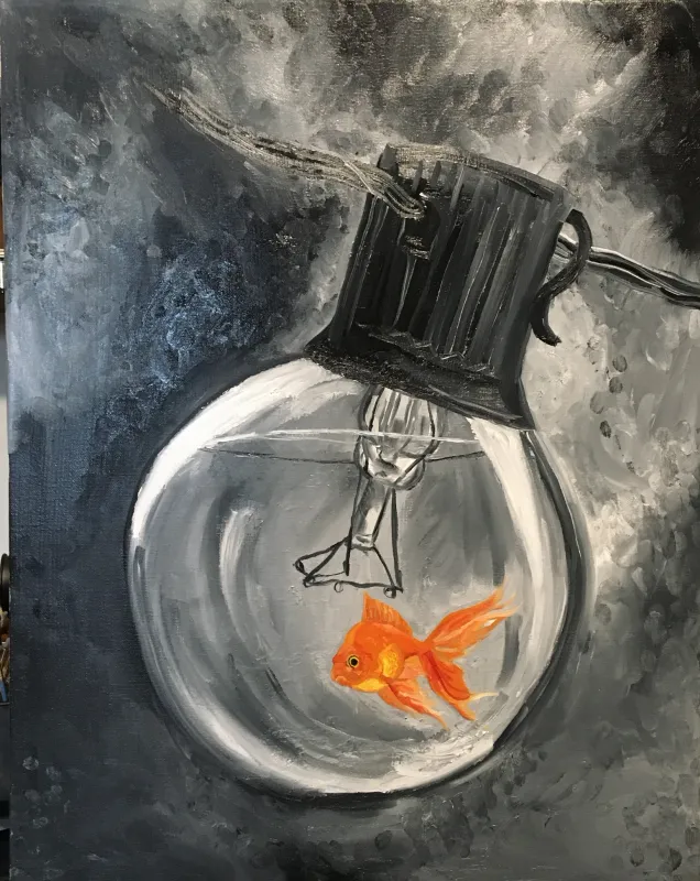 Orange goldfish inside a glass light bulb filled with water, painted in black and white, painting by Kayla Hixon