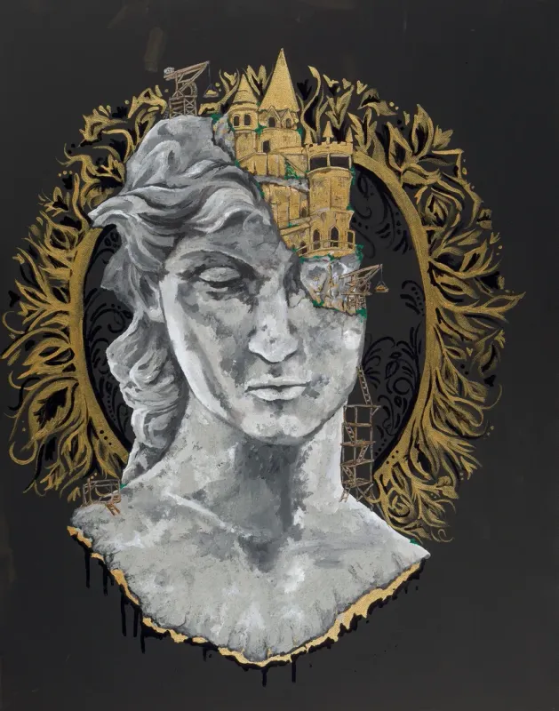 Marble bust with a gold castle and scaffolding built into the top of its head
