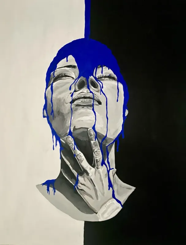 Black and white portrait of a woman with closed eyes and cobalt blue paint dripping over her face, painting by Kayla Hixon