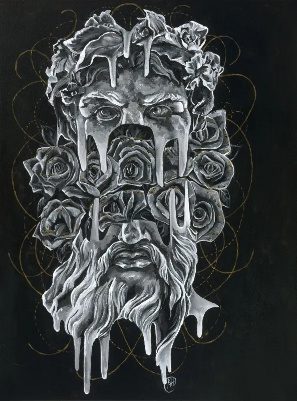 Melting bearded statue face filled with roses and wrapped in fine gold lines, painting by Kayla Hixon
