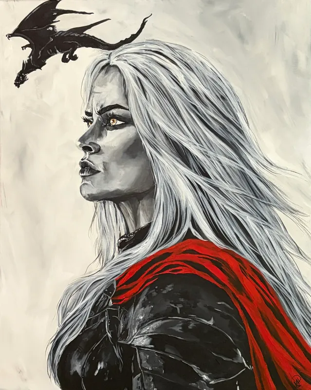 Profile portrait of a white-haired woman in black armor and a red cloak with a black dragon flying above, painting by Kayla Hixon