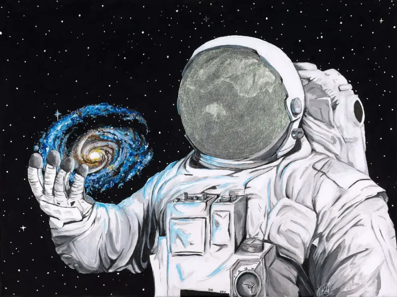 Astronaut holding a blue spiral galaxy in one hand against a starry sky