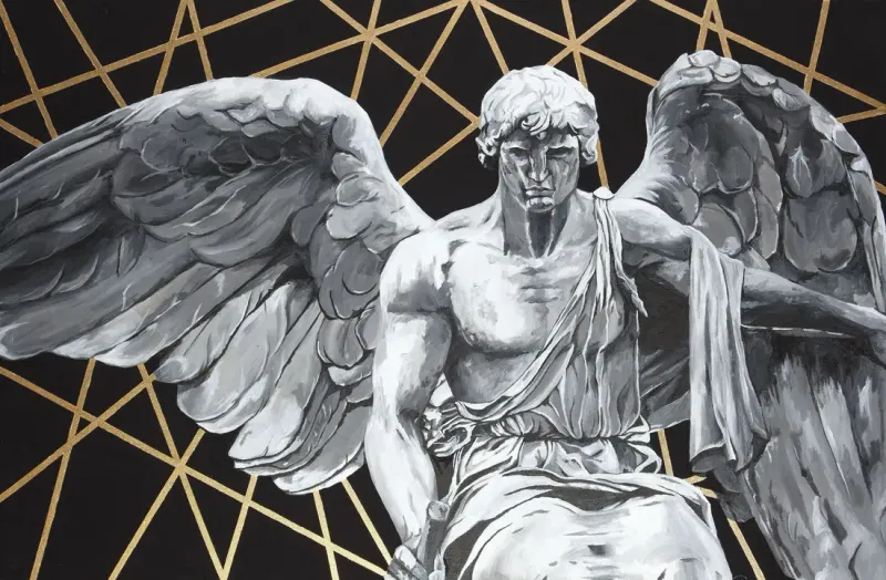 Winged angel statue in black and white over a gold geometric lattice on black, painting by Kayla Hixon