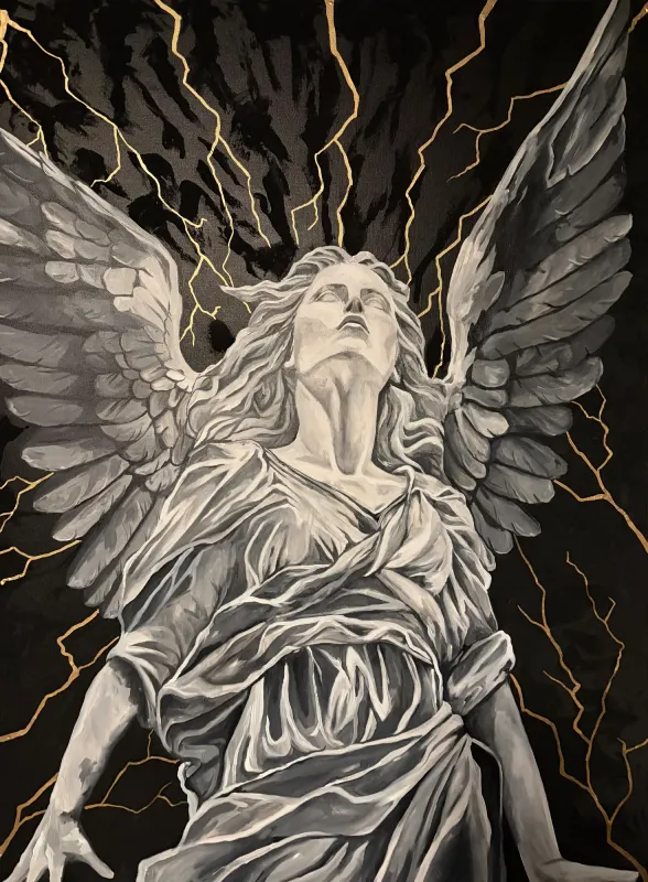 Angel statue painted in gray looking upward with gold lightning across a black background, painting by Kayla Hixon