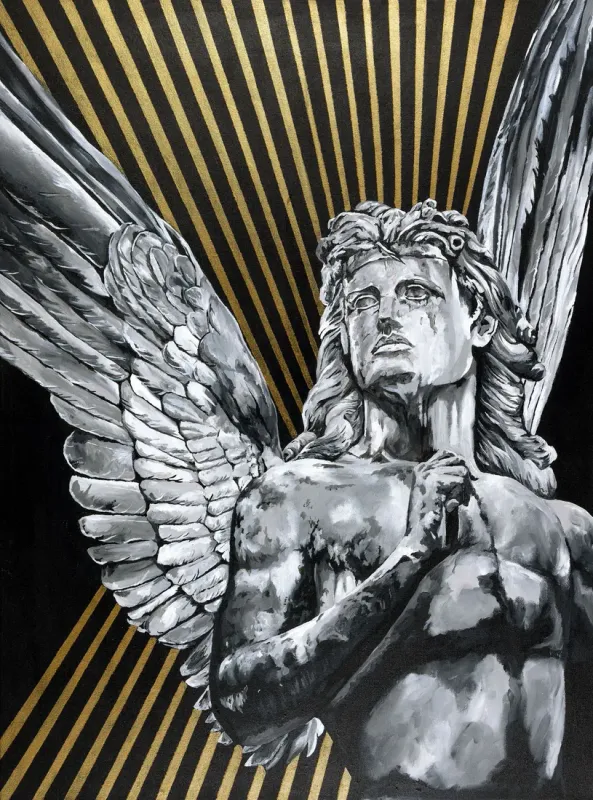 Angel statue painted in black and white against radiating gold stripes, painting by Kayla Hixon
