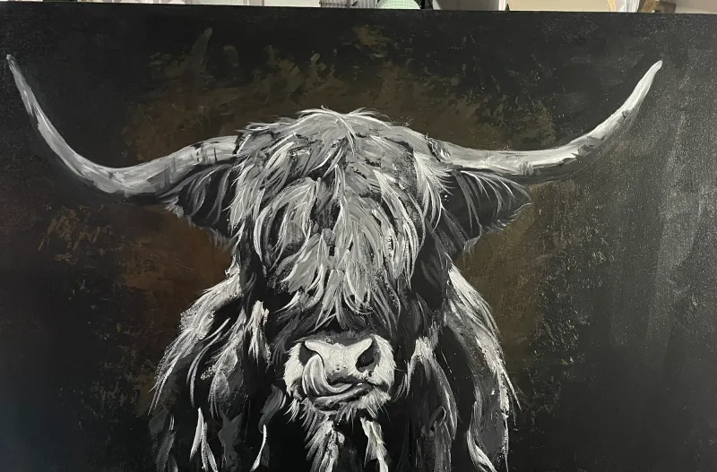 Black and white painting of a Highland cow with wide horns and shaggy hair, painting by Kayla Hixon