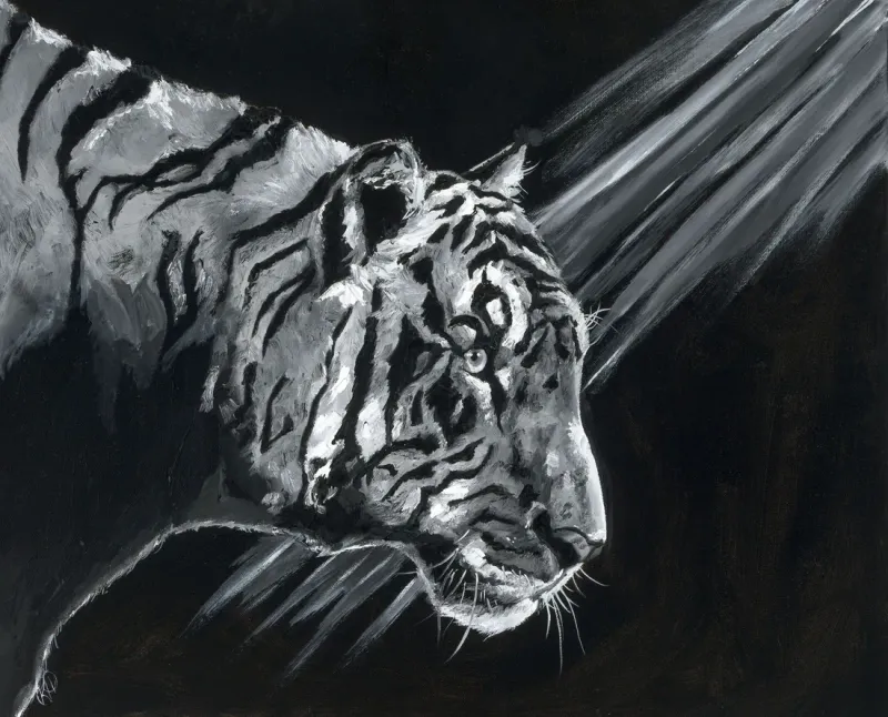 Black and white painting of a tiger stepping into a beam of light, painting by Kayla Hixon
