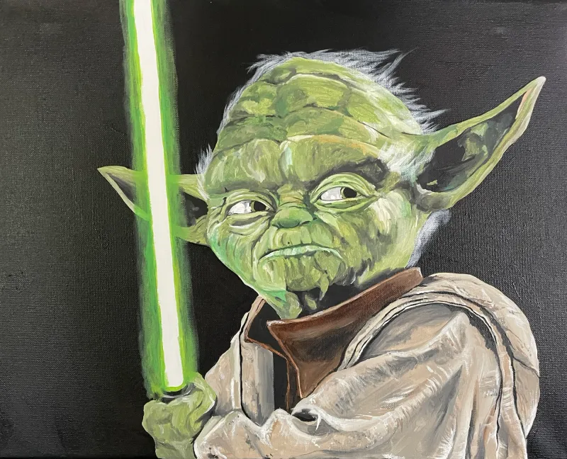 Painting of Yoda holding a glowing green lightsaber on a black background, painting by Kayla Hixon