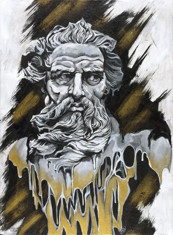 Bearded classical statue melting into drips of gold over black and bronze strokes, painting by Kayla Hixon