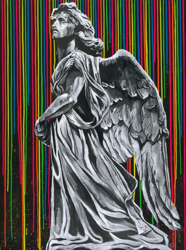 Robed angel statue in gray stone in front of bright neon paint drips