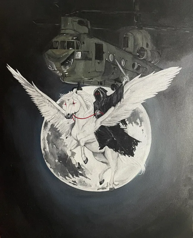 Hooded rider on a white winged horse in front of the full moon with a Chinook helicopter above