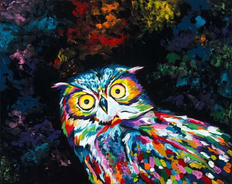 Painting of an owl in bright multicolored feathers with yellow eyes on a dark background