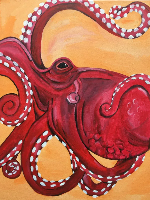 Painting of a red octopus with white suckers on an orange background, painting by Kayla Hixon