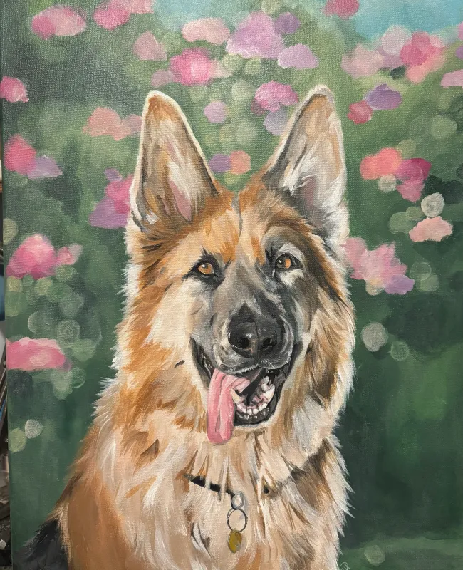 Painting of a smiling German shepherd with its tongue out in front of pink blossoms