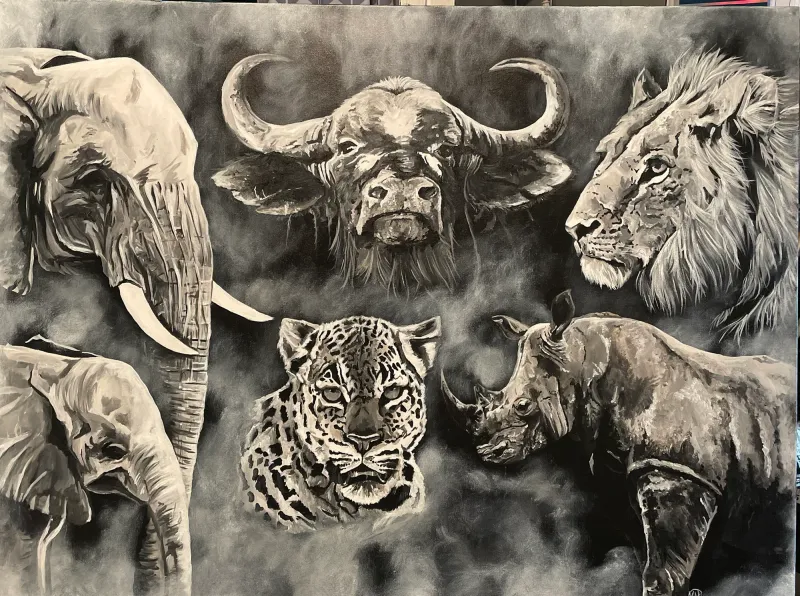 Black and white painting of an elephant, buffalo, lion, leopard and rhinoceros in smoke, painting by Kayla Hixon