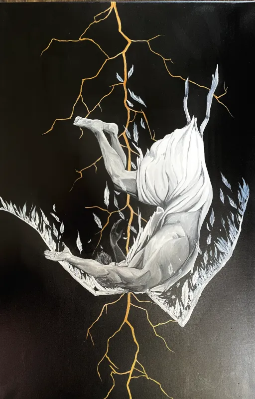 Figure with white wings falling head first past gold lightning on black, painting by Kayla Hixon