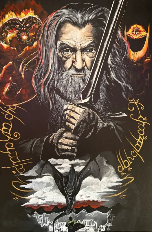 Painting of Gandalf holding a sword with a flaming Balrog, the Eye of Sauron and gold Elvish script, painting by Kayla Hixon