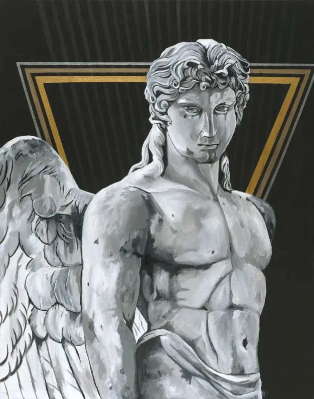 Marble angel figure in front of an inverted gold and silver trapezoid frame, painting by Kayla Hixon