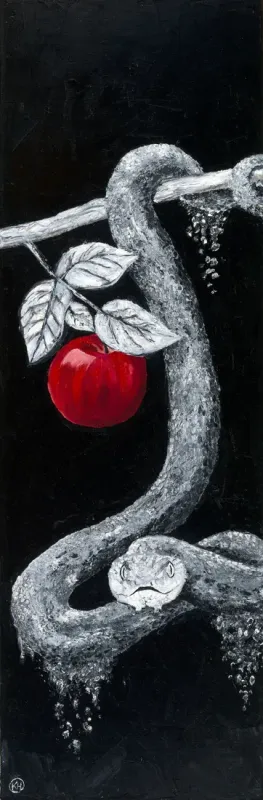 Silver serpent coiled around a branch beside a single red apple