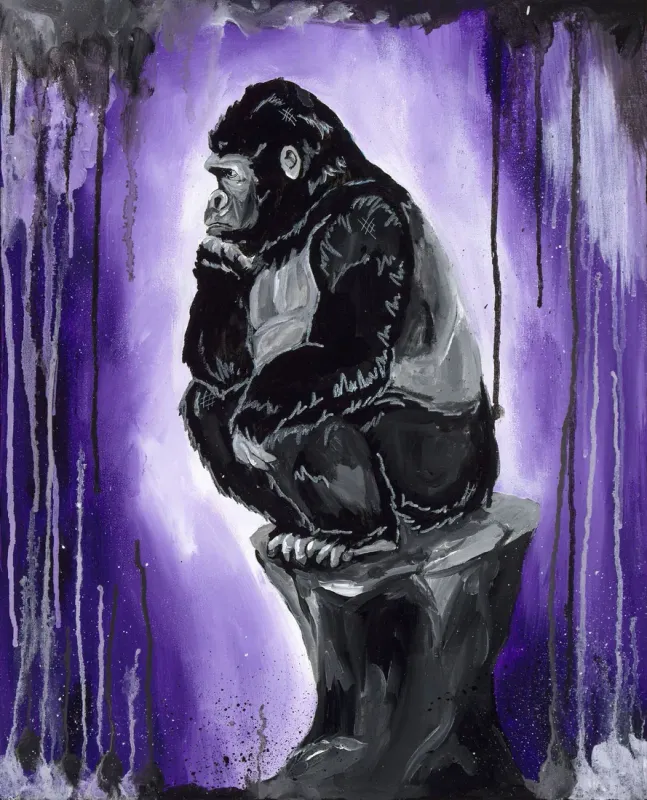 Gorilla in a thinking pose on a stone pedestal in front of purple paint drips, painting by Kayla Hixon
