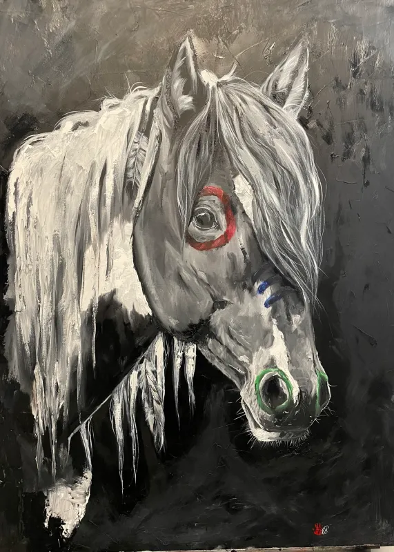 Gray horse with feathers in its mane, a red ring painted around its eye and blue stripes on its face, painting by Kayla Hixon
