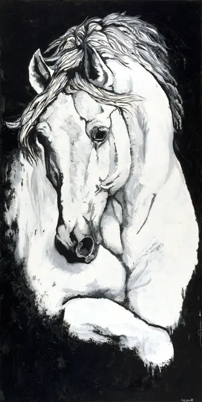 White horse with its head lowered and mane falling forward, painted on black