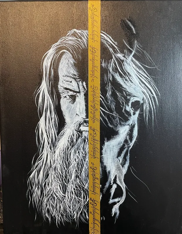 Black and white painting split between a bearded wizard's face and a horse's face with a gold strip of Elvish writing, painting by Kayla Hixon